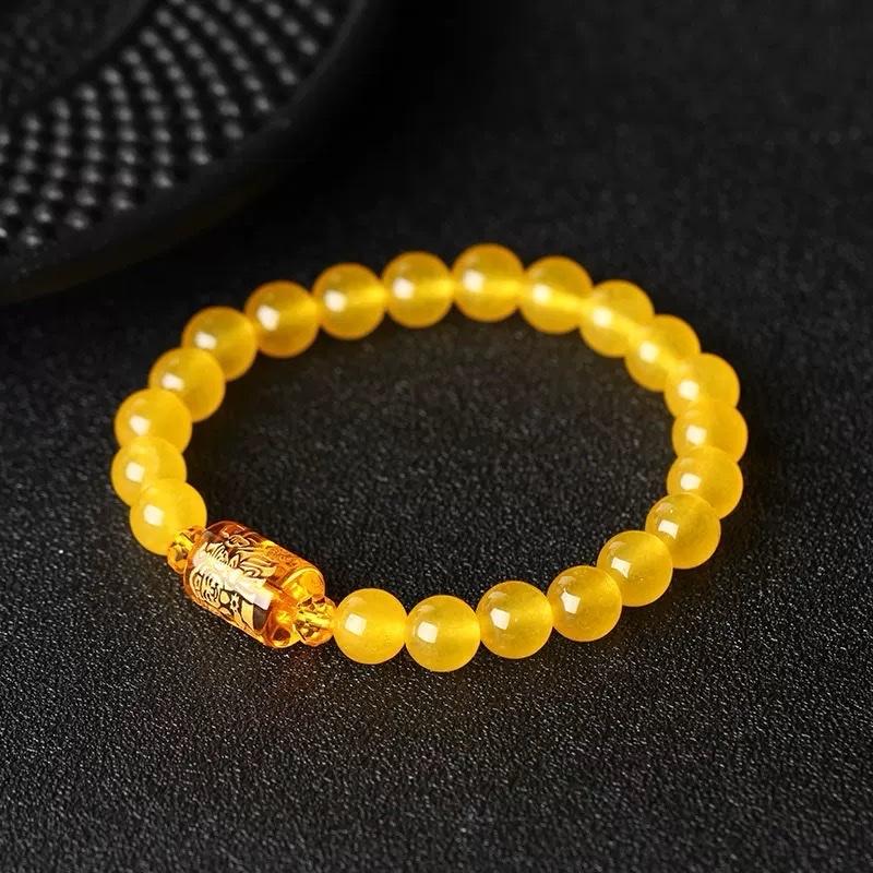 Ziyang Yellow Chalcedony Bracelet with Three-Faced Wealth God Barrel Beads for Men Women 8mm Diameter Yellow Bracelet with Box