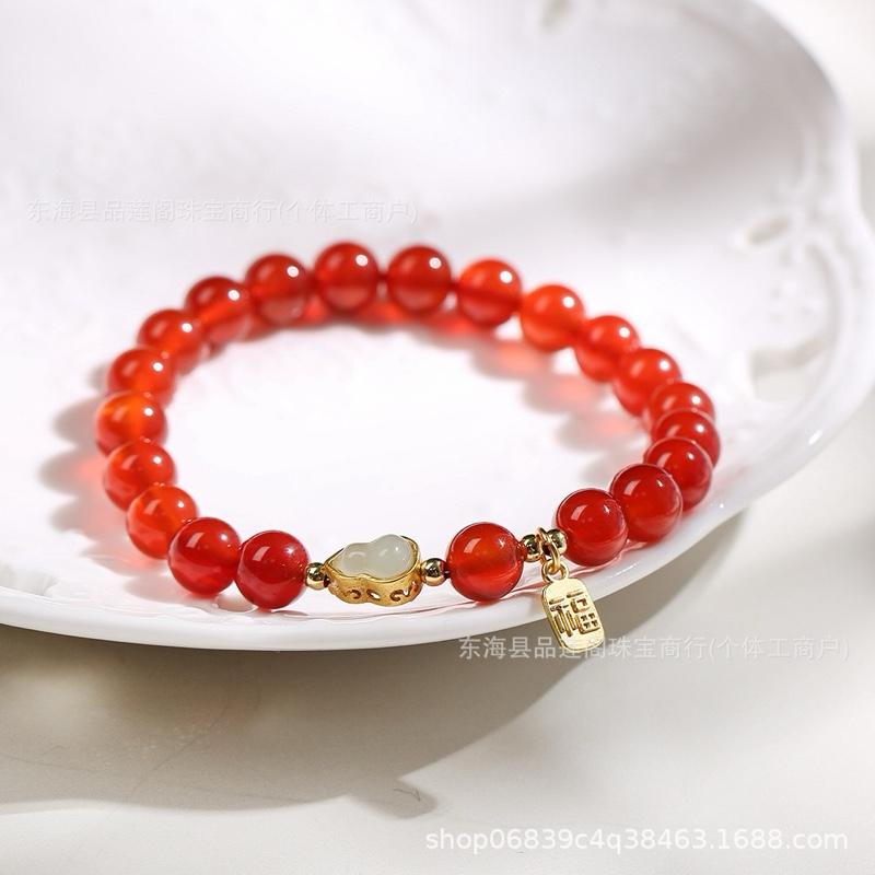 Ziyang 8mm Natural Red Agate Fu Lu Round Bead Single-Loop Bracelet with Fu Wulou Pendant for Ladies Bracelet