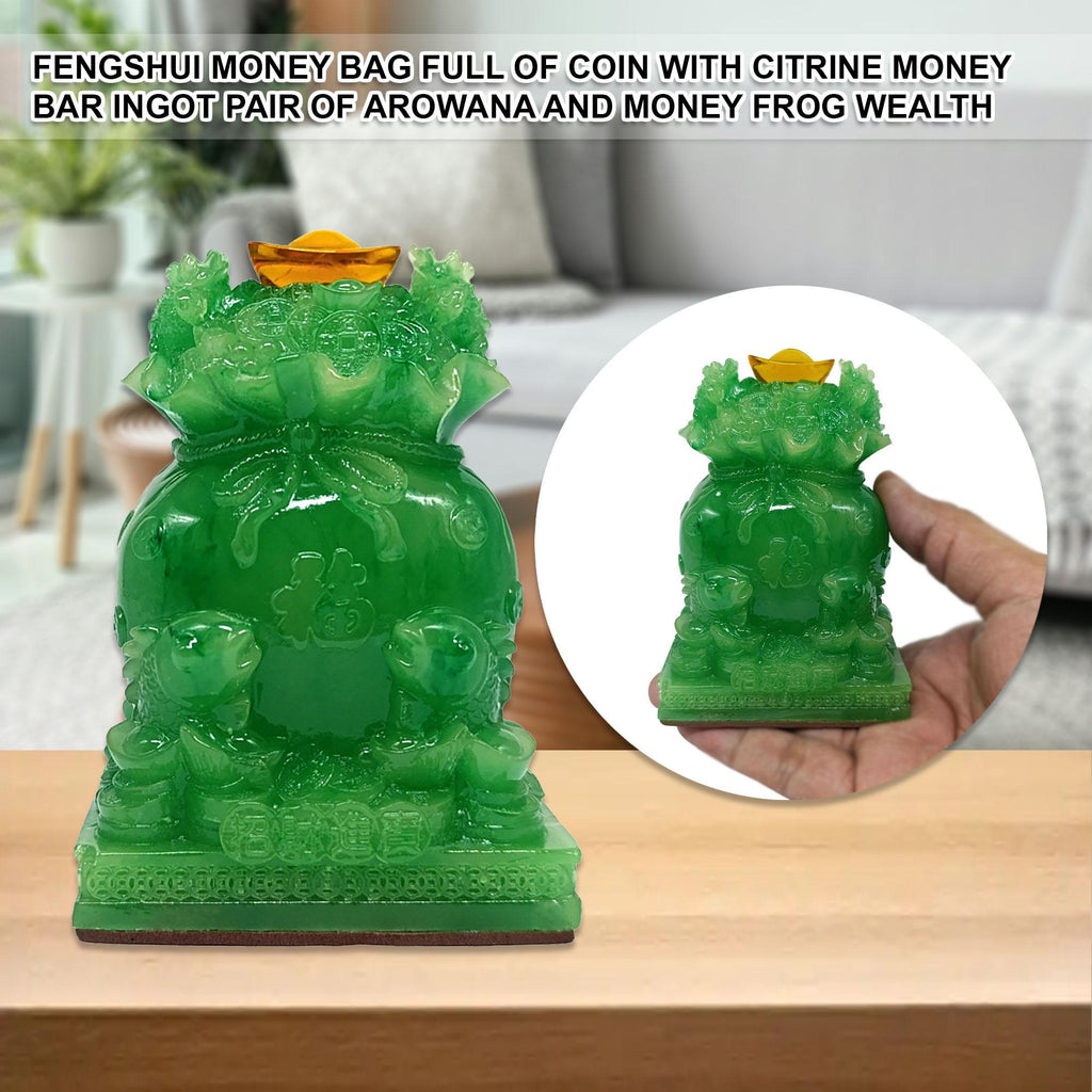 Ziyang Fengshui Money Bag Full of Coin with Citrine Money Bar Ingot Pair of Arowana and Money Frog Wealth (7.5x6x11cm) Ornaments Decor