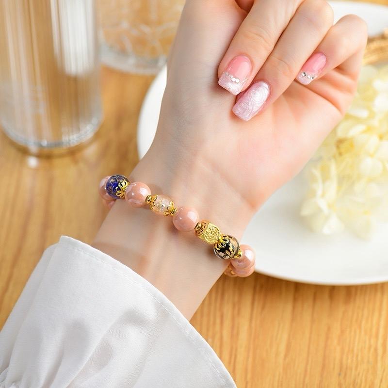 ZiyangIncense Ashes Pink Glaze Bracelet Nine-tailed Fox Love Bracelet Women's Lucky Gold Foil Bracelet
