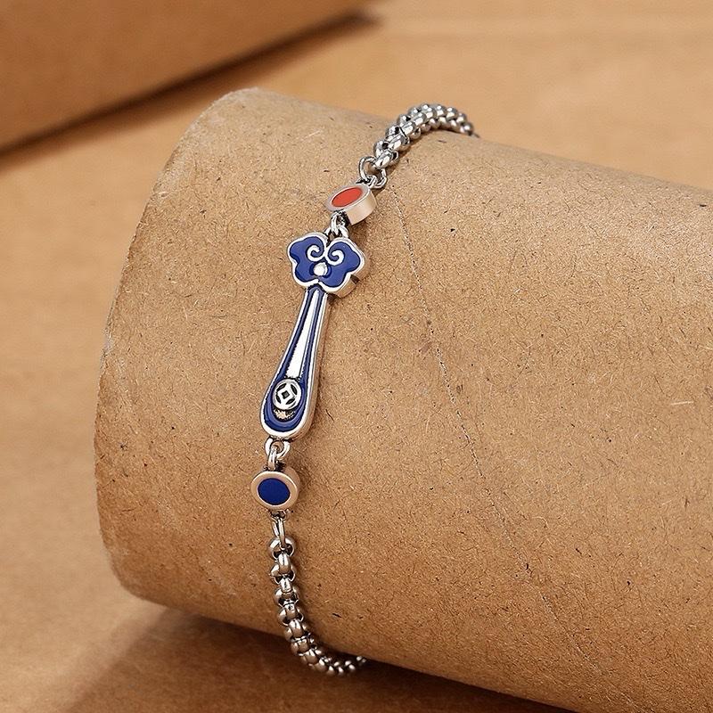 Ziyang Ruyi Bracelet For Women Retro Cloisonné Enamel Auspicious Clouds Fengshui Lucky Charm Blue & Red Accents