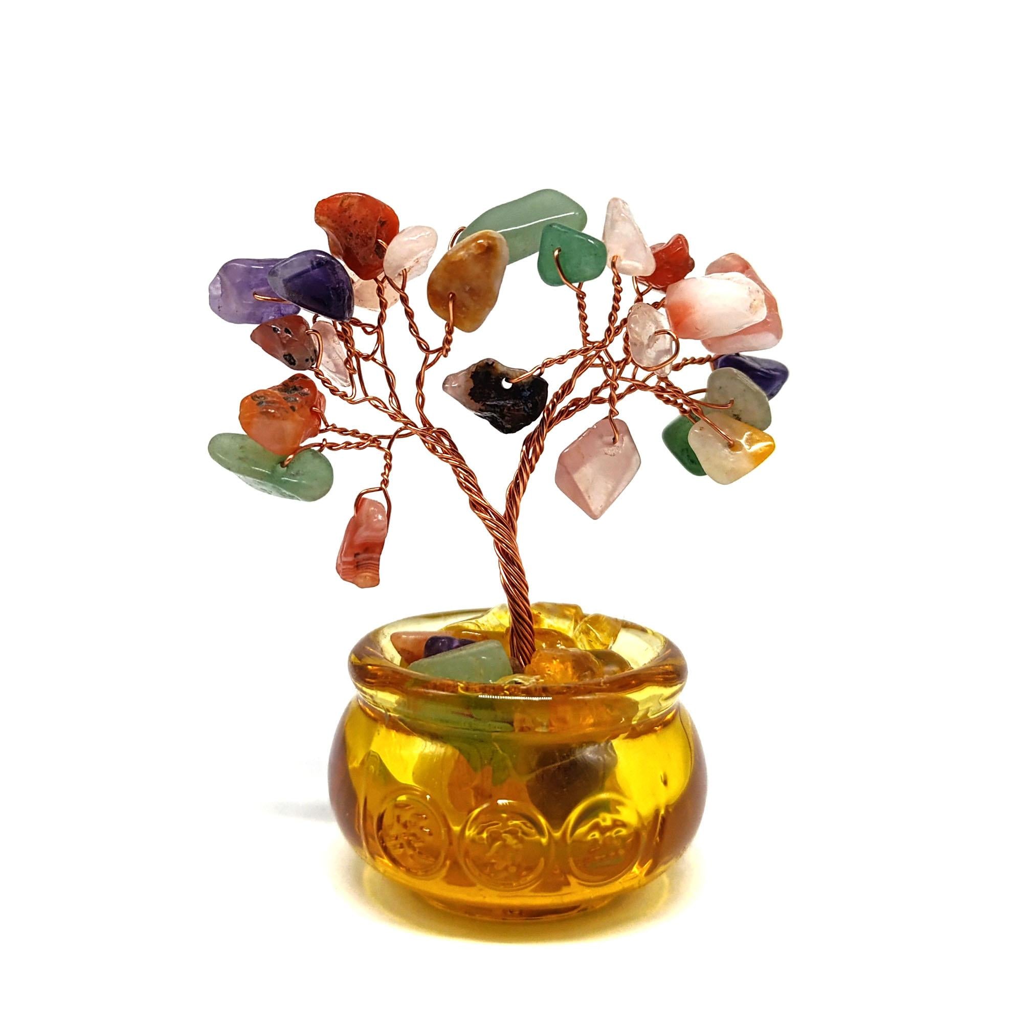 Ziyang Natural Crystal Tree, Creative Copper Wire Fortune Tree Figurine, Good Luck Multicolor with Base Handmade Lucky Tree Ornament Desktop (5x9cm) Decor