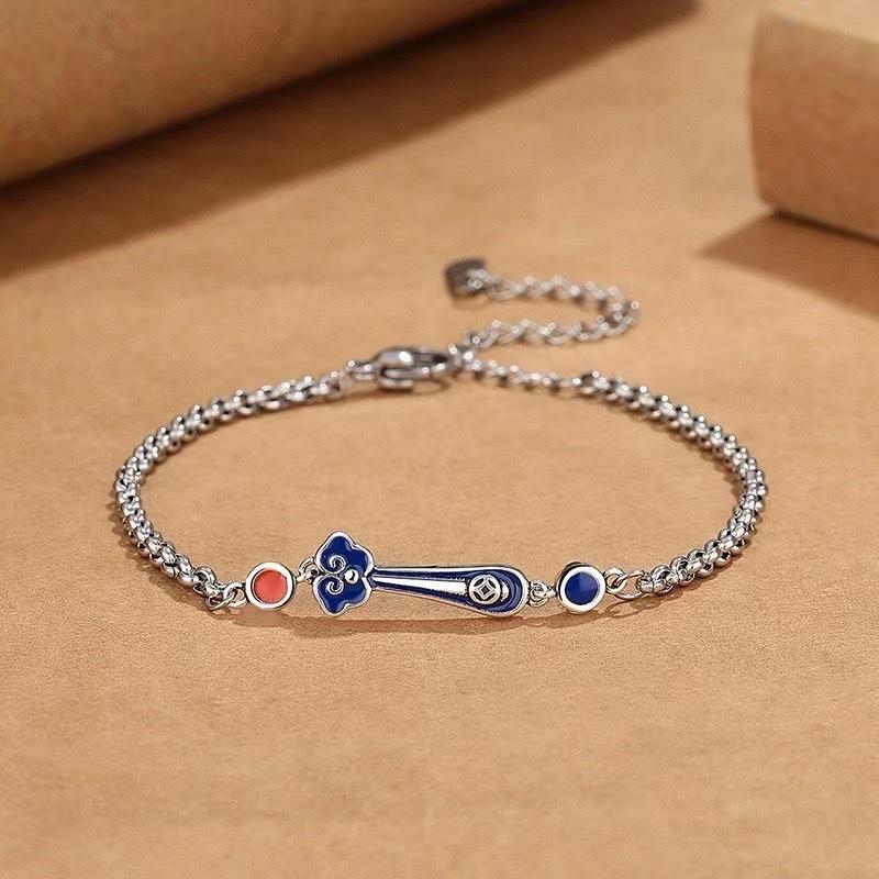 Ziyang Ruyi Bracelet For Women Retro Cloisonné Enamel Auspicious Clouds Fengshui Lucky Charm Blue & Red Accents