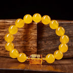 Ziyang Yellow Chalcedony Bracelet with Three-Faced Wealth God Barrel Beads for Men Women 8mm Diameter Yellow Bracelet with Box