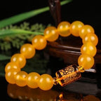 Ziyang Yellow Chalcedony Bracelet with Three-Faced Wealth God Barrel Beads for Men Women 8mm Diameter Yellow Bracelet with Box