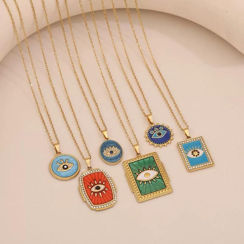 Lucky Charm Blue Eye Pendant Necklace Personalized Geometric Stainless Steel Choker Necklace in Various Colors
