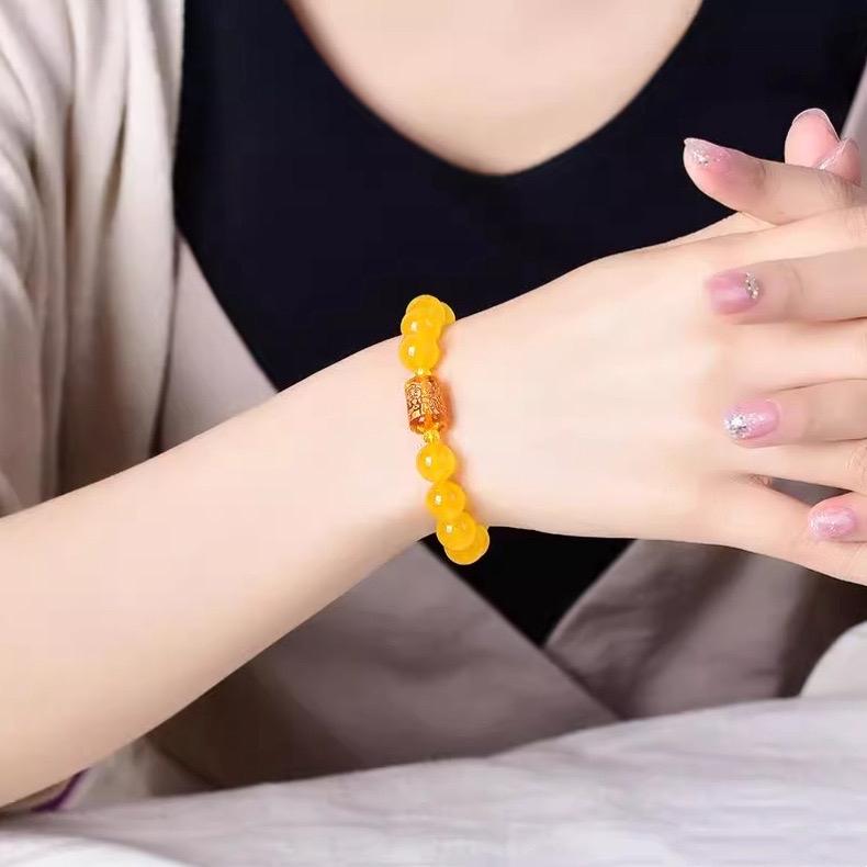 Ziyang Yellow Chalcedony Bracelet with Three-Faced Wealth God Barrel Beads for Men Women 8mm Diameter Yellow Bracelet with Box