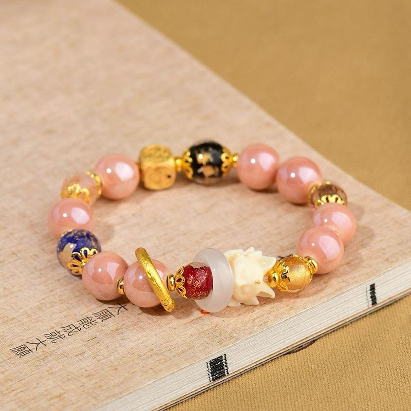 ZiyangIncense Ashes Pink Glaze Bracelet Nine-tailed Fox Love Bracelet Women's Lucky Gold Foil Bracelet
