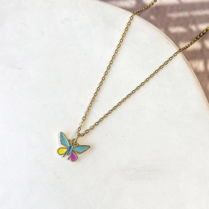 Ziyang Colorful Droplet Oil Butterfly Necklace Simple Stainless Steel Pendant Necklace Collar Chain for Women