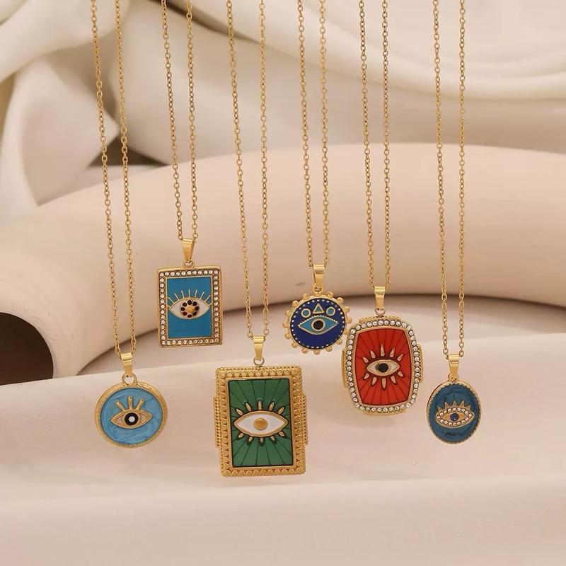 Lucky Charm Blue Eye Pendant Necklace Personalized Geometric Stainless Steel Choker Necklace in Various Colors