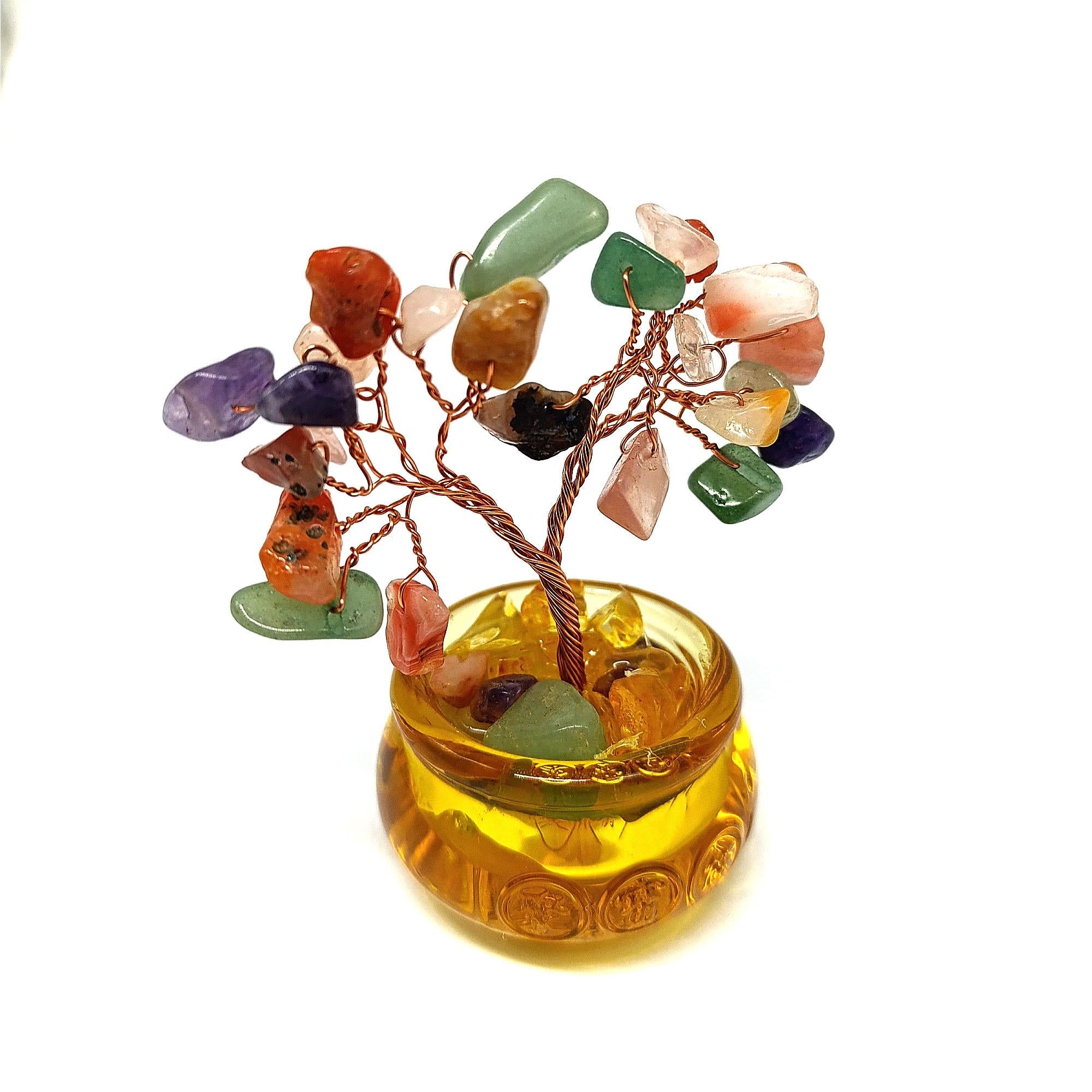 Ziyang Natural Crystal Tree, Creative Copper Wire Fortune Tree Figurine, Good Luck Multicolor with Base Handmade Lucky Tree Ornament Desktop (5x9cm) Decor