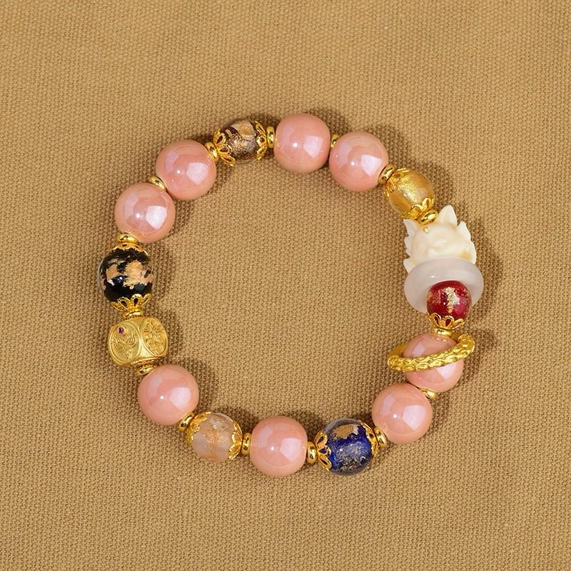ZiyangIncense Ashes Pink Glaze Bracelet Nine-tailed Fox Love Bracelet Women's Lucky Gold Foil Bracelet