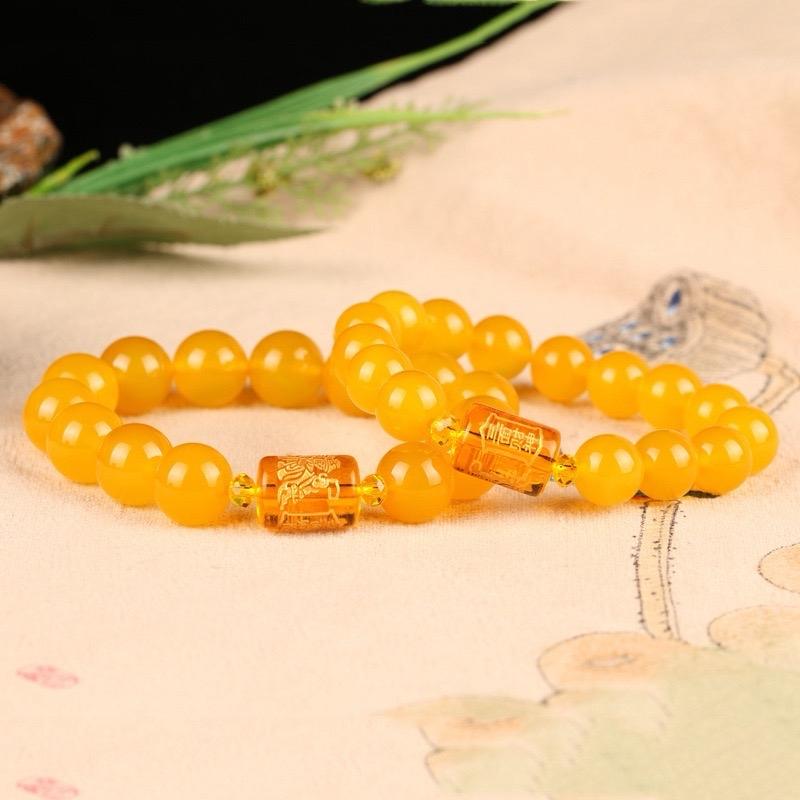 Ziyang Yellow Chalcedony Bracelet with Three-Faced Wealth God Barrel Beads for Men Women 8mm Diameter Yellow Bracelet with Box