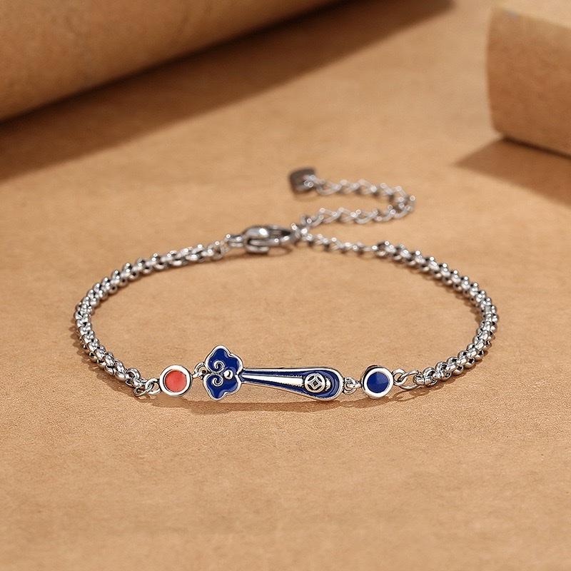 Ziyang Ruyi Bracelet For Women Retro Cloisonné Enamel Auspicious Clouds Fengshui Lucky Charm Blue & Red Accents