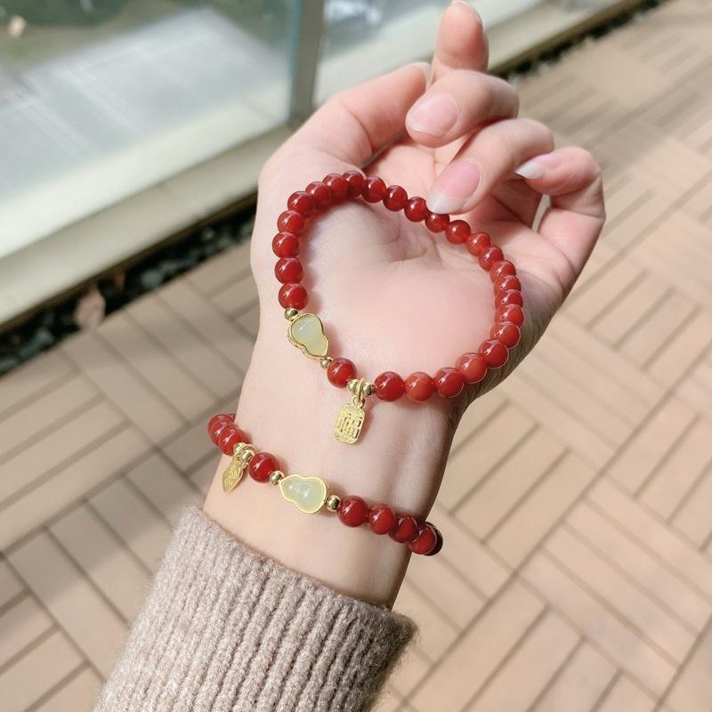 Ziyang 8mm Natural Red Agate Fu Lu Round Bead Single-Loop Bracelet with Fu Wulou Pendant for Ladies Bracelet