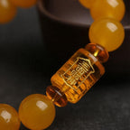 Ziyang Yellow Chalcedony Bracelet with Three-Faced Wealth God Barrel Beads for Men Women 8mm Diameter Yellow Bracelet with Box
