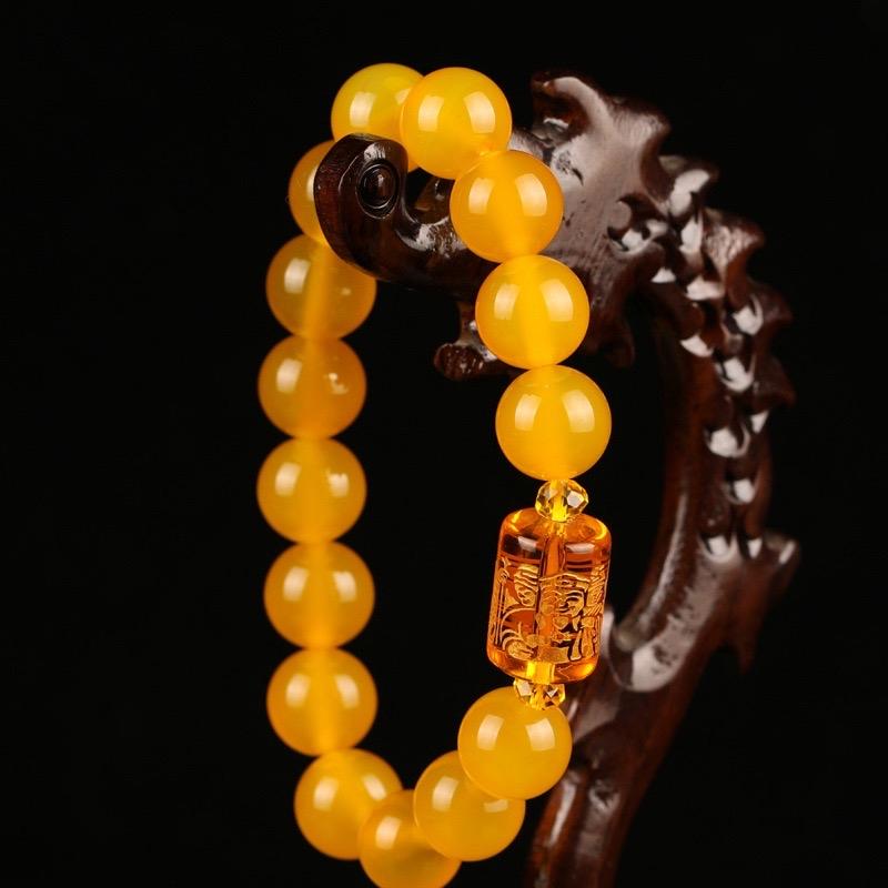 Ziyang Yellow Chalcedony Bracelet with Three-Faced Wealth God Barrel Beads for Men Women 8mm Diameter Yellow Bracelet with Box