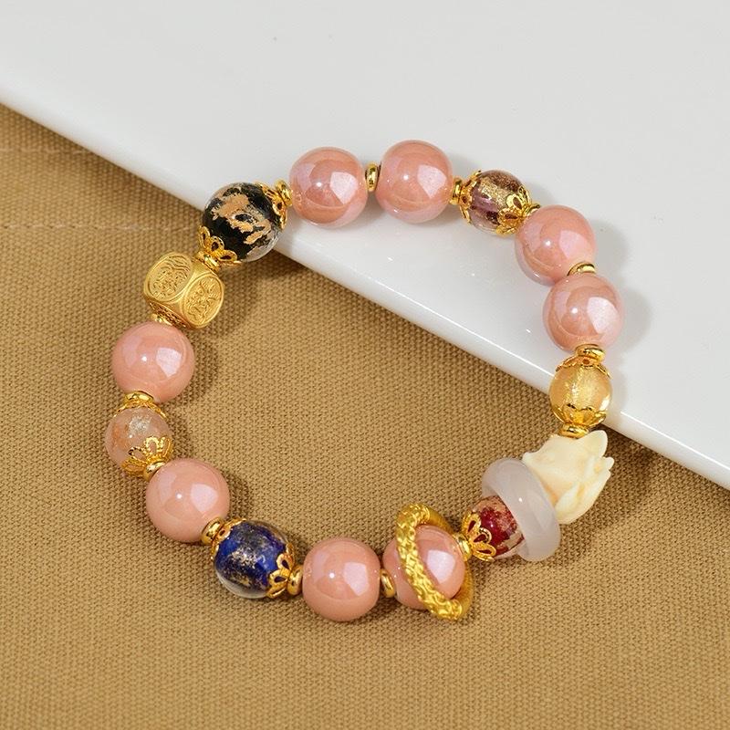 ZiyangIncense Ashes Pink Glaze Bracelet Nine-tailed Fox Love Bracelet Women's Lucky Gold Foil Bracelet