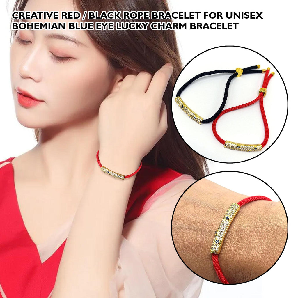 Creative Red & Black Rope Bracelet for Unisex Bohemian Blue Eye Lucky Charm Bracelet with Gold Accents