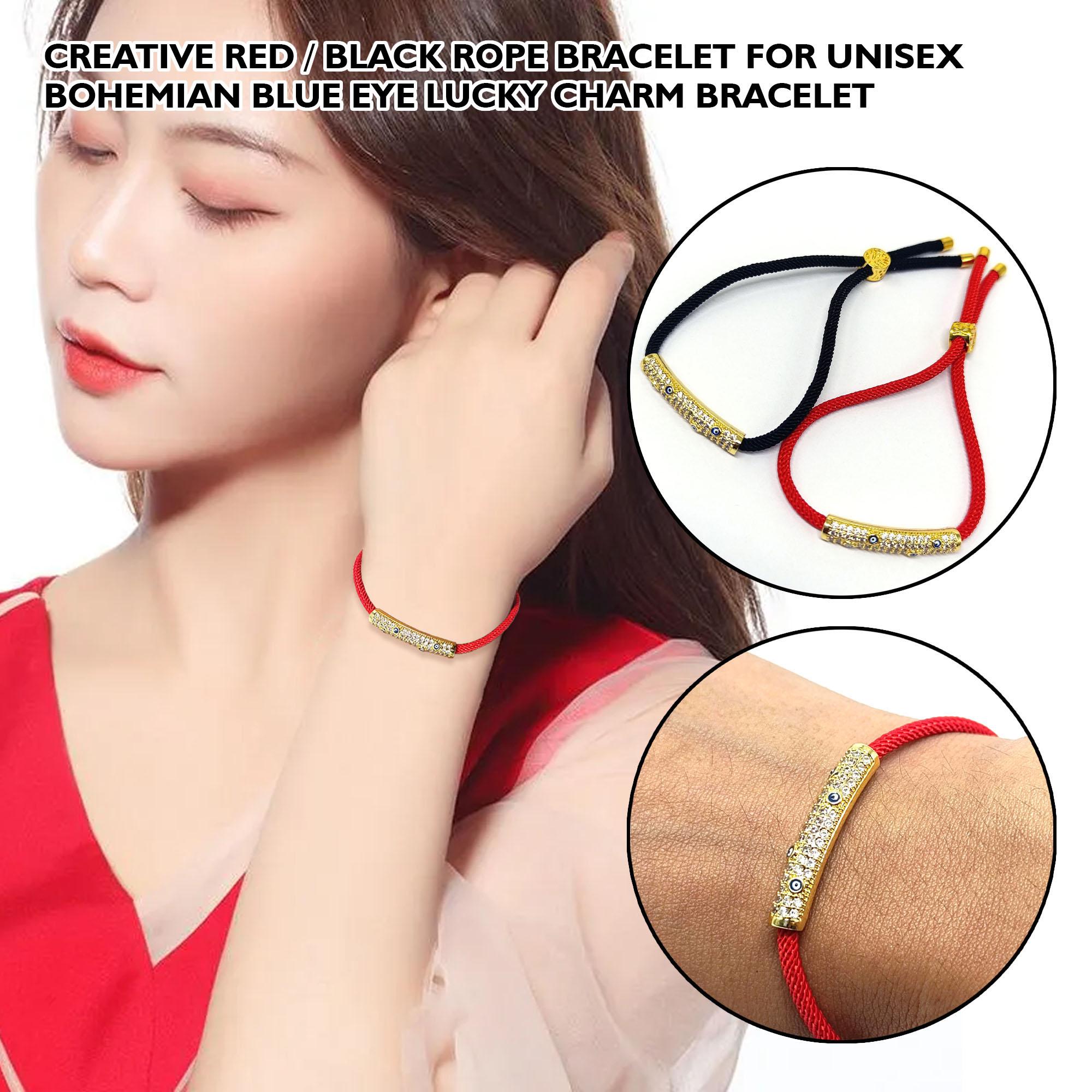 Creative Red & Black Rope Bracelet for Unisex Bohemian Blue Eye Lucky Charm Bracelet with Gold Accents