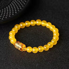 Ziyang Yellow Chalcedony Bracelet with Three-Faced Wealth God Barrel Beads for Men Women 8mm Diameter Yellow Bracelet with Box