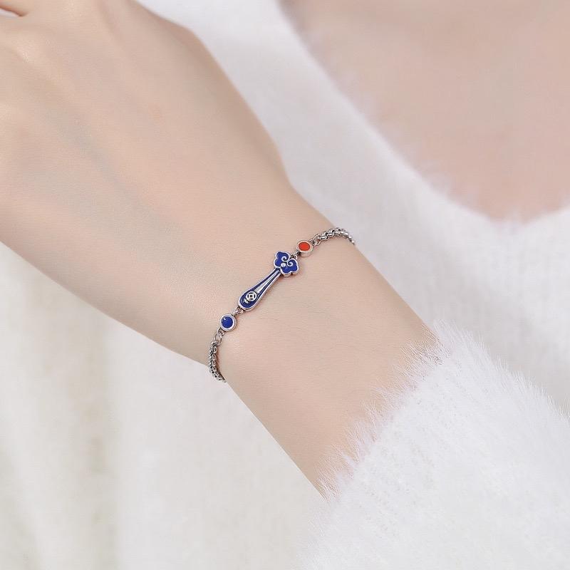 Ziyang Ruyi Bracelet For Women Retro Cloisonné Enamel Auspicious Clouds Fengshui Lucky Charm Blue & Red Accents