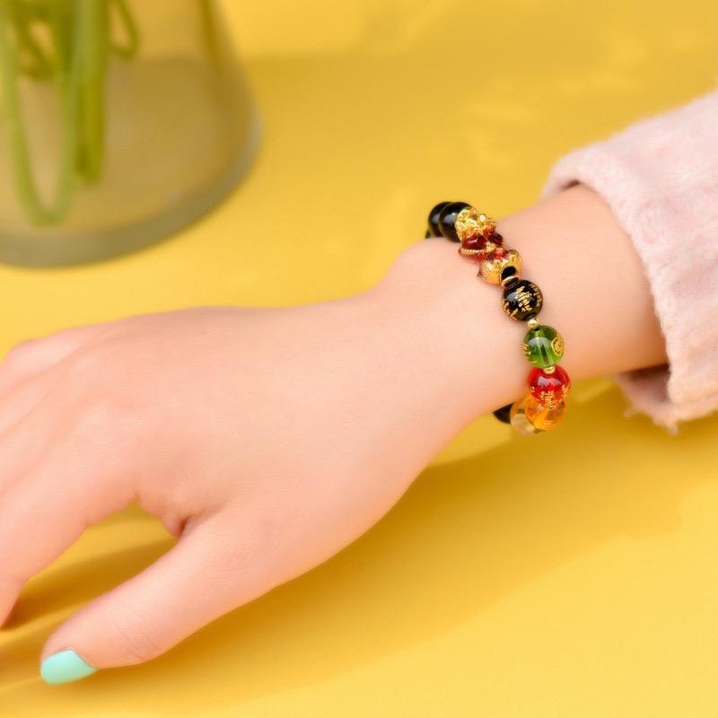 Ziyang 8mm Colorful Beads Sanskrit Six-Character Mantra Bracelet with Pishu Mythical Creature Single Loop for Women's Jewelry in Box