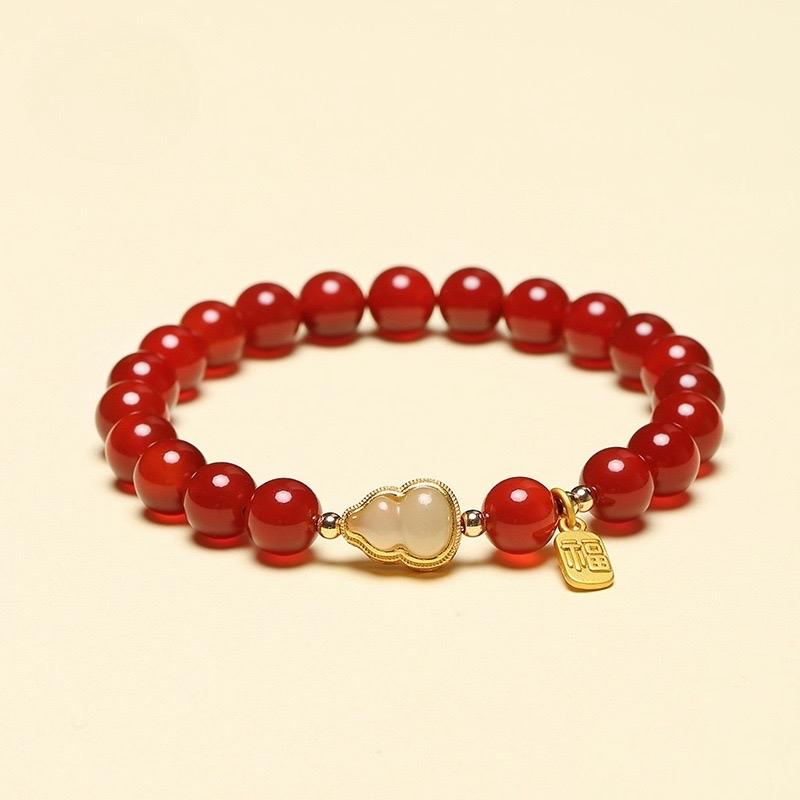 Ziyang 8mm Natural Red Agate Fu Lu Round Bead Single-Loop Bracelet with Fu Wulou Pendant for Ladies Bracelet