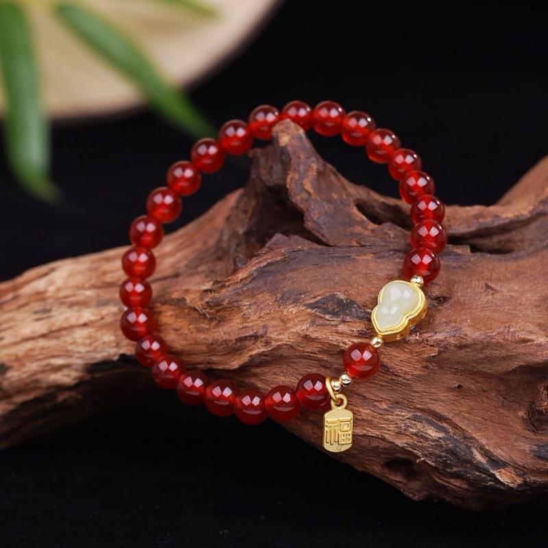 Ziyang 8mm Natural Red Agate Fu Lu Round Bead Single-Loop Bracelet with Fu Wulou Pendant for Ladies Bracelet